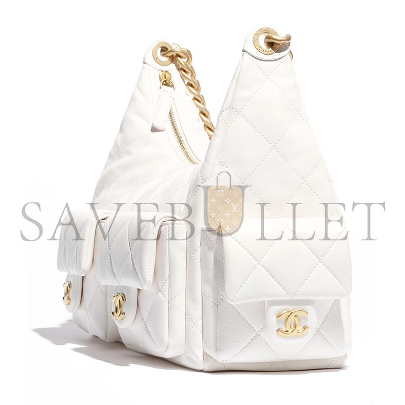 CHANEL MAXI HOBO BAG SHINY LAMBSKIN & GOLD-TONE METAL WHITE AS5302 (35*27*18cm)